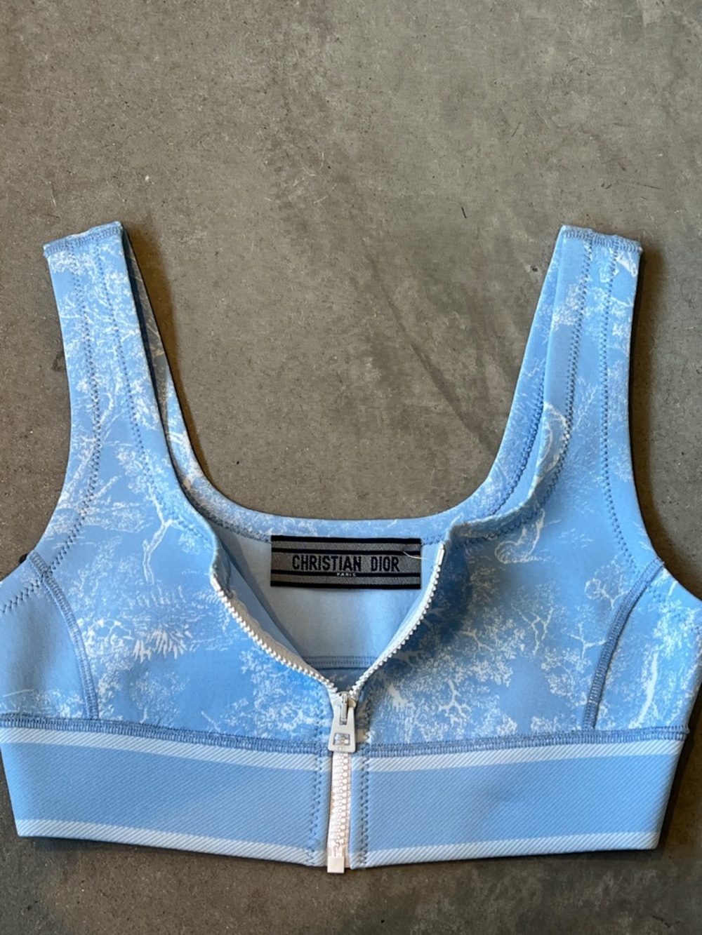 Dior Light Blue Front-Zip Floral-Print Sports Bra